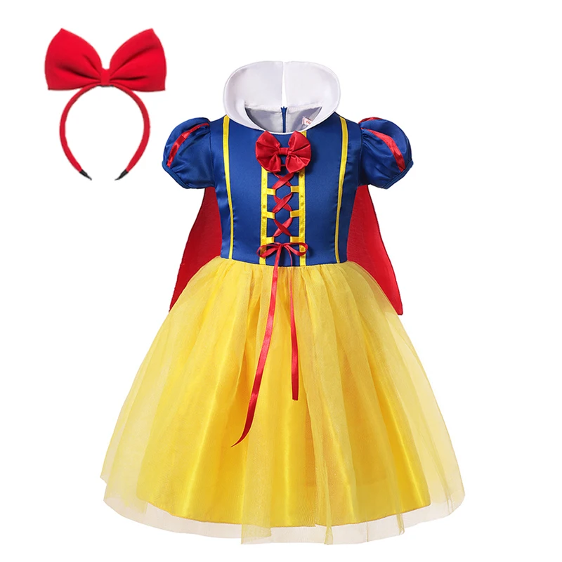 Disney Snow White Princess Dress para meninas, traje cosplay, manga folhada com capa, Halloween, festa de carnaval, vestido de aniversário infantil