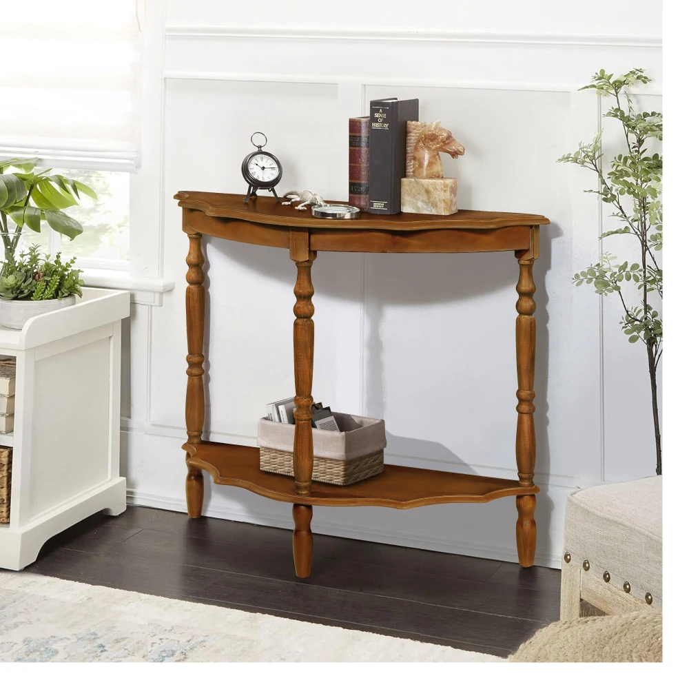 

42'' Retro Circular Curved Half-Moon Console Table with Cloud Design Top and Open Shelf Solid Wood Frame and Legs, Brown