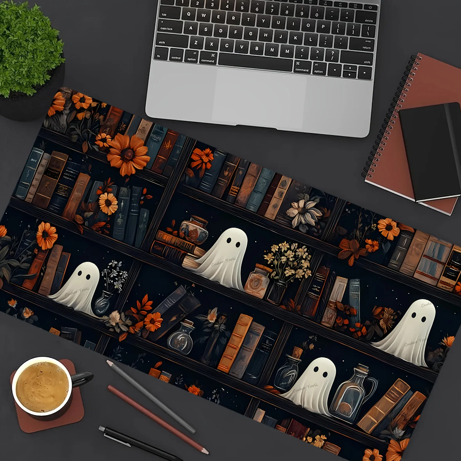 Tappetino per mouse a tema Halloween e autunno, durevole, resistente alle macchie, base in gomma antiscivolo, design carino della biblioteca dei libri, tappetino per tastiera XXL