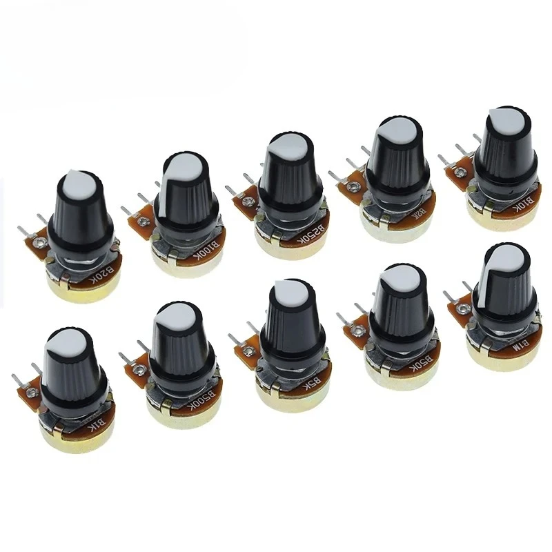 ชุด 5 ตัว โพเทนชิโอมิเตอร์แบบหมุน WH148 1K 10K 20K 50K 100K 500K โอห์ม 15 มม. 3 ขา แบบเส้นตรง สำหรับ Arduino พร้อมฝาครอบสีขาว AG2