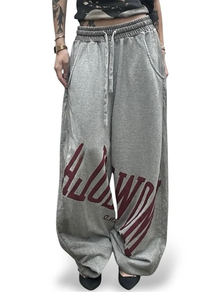 

Mowa Vintage Logo Color Spray Wide Leg Casual Pants Belted Elastic Waist Men's BF Sweatpants Loose Fit Youth Faion