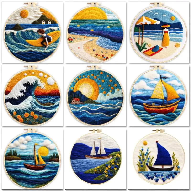 

GATYZTORY Seaside Scenery Pattern Needle Felt Starter Set Wool Felting Painting For Adults Beginners Kits Wool Needle Felt Set