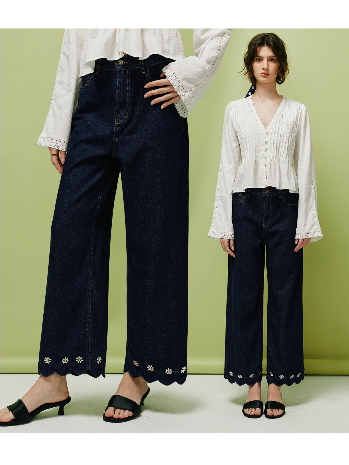 Elegant Combed Cotton Diagonal Denim Pants Vintage Mid-Waist Metal Buckle Lace Straight Nine-Point Pants Ladies Jeans