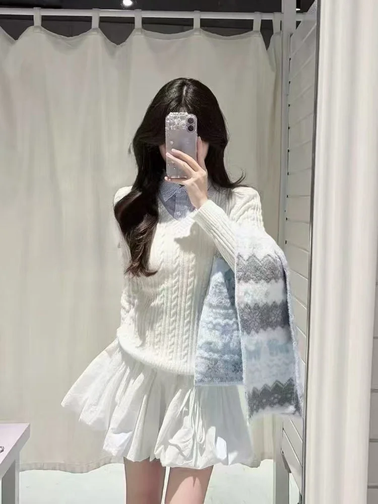 

Корейский вязаный свитер с воротником-стойкой и эффектом двухслойности, белый, женский, осенне-зимний, приталенный, для ношения под одеждой, премиум-класса