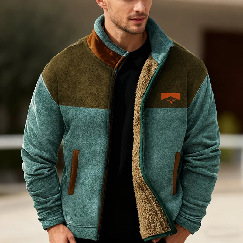 

Daily Casual Mens Fleece Lined Jackets 2025 Autumn Winter Fashion Patchwork Printed Outerwear Men Warm Fleece Jacket Coat