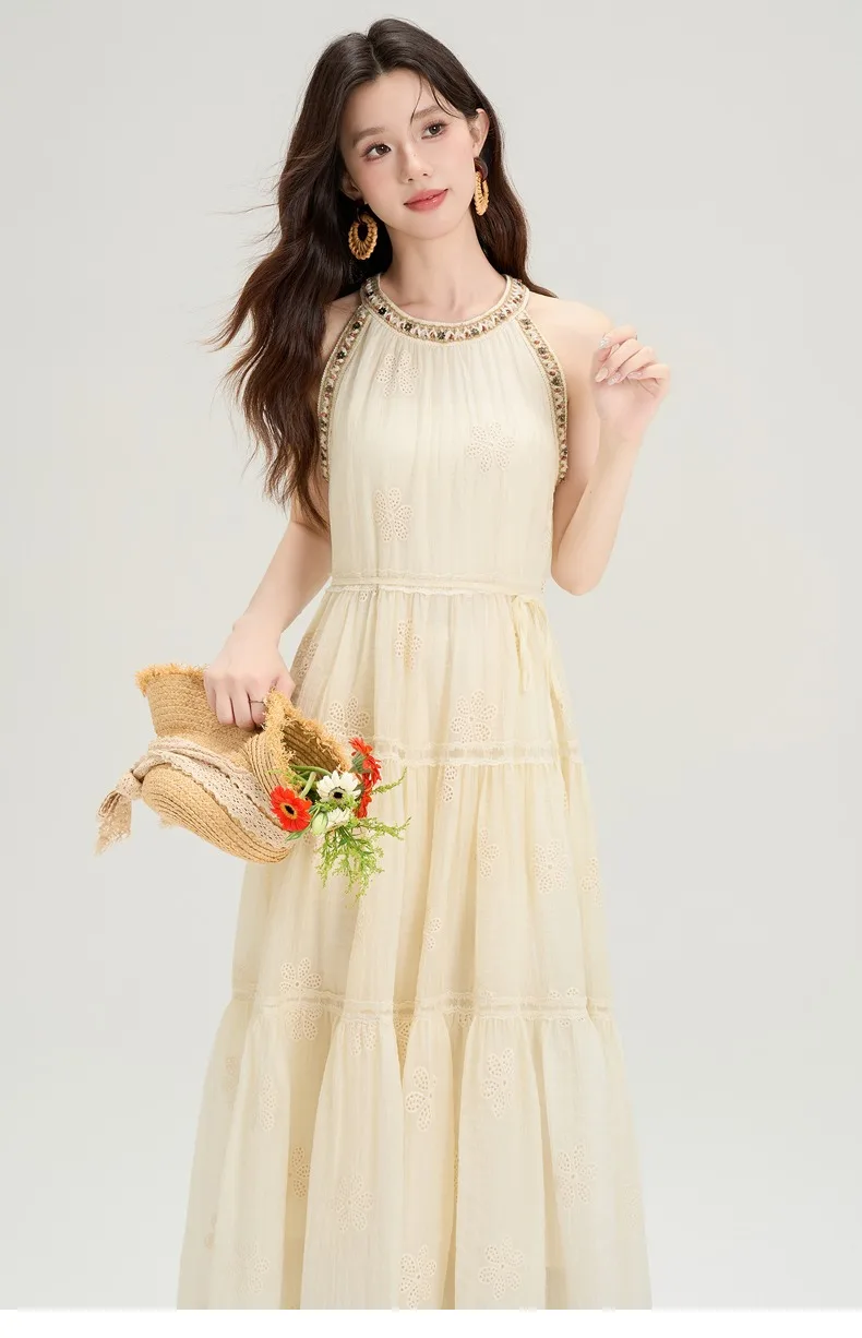 

French Fashion Sleeveless Long Dress For Women, Beach Vacation Wear, Beach Dress