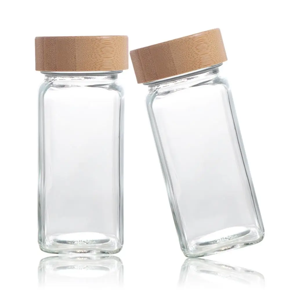 

4oz Glass Spice Jars Transparent Square Spice Bottle with Bamboo wood lid Perforated Seasoning Bottle Powder