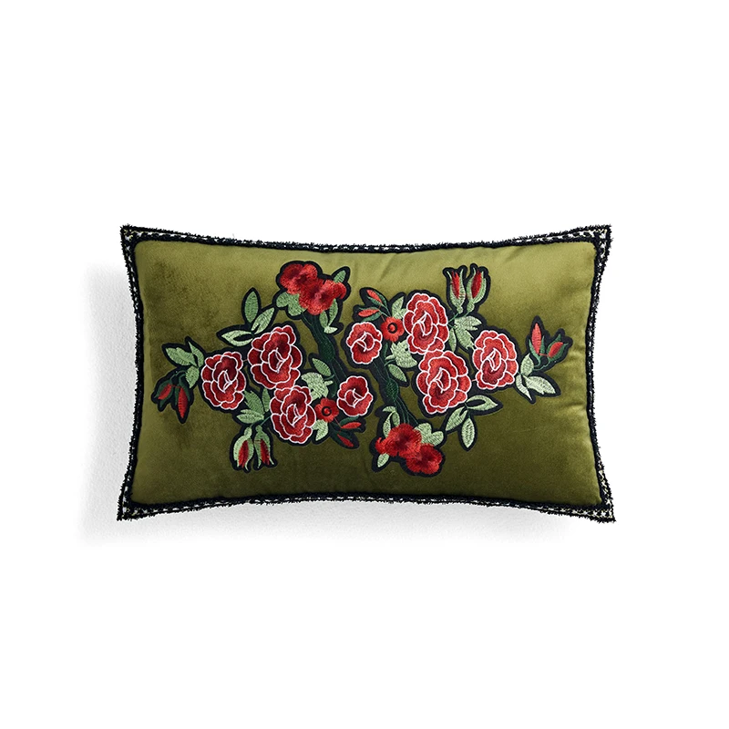 

Rose Embroidery Pillows Luxury Green Cushion Case Retro Red Flora Decorative Pillow Cover For Sofa Chair Bedding Home Decoration