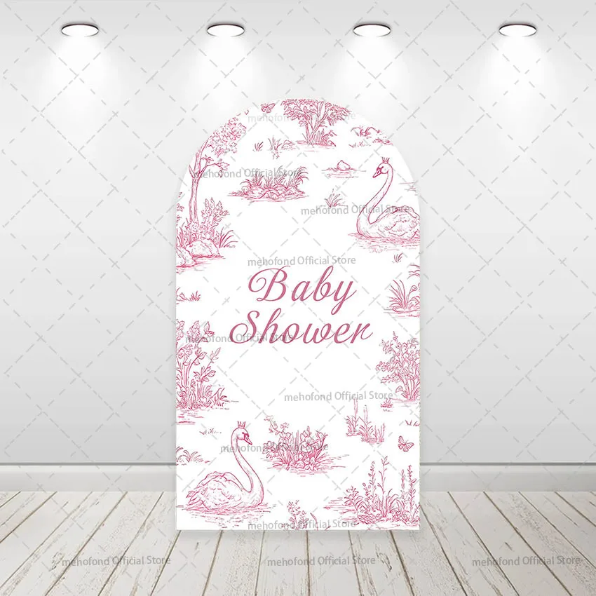Mehofond Custom 2-Sided Toile De Jouy Pink Swan Girls Birthday Party Baby Shower Covers Chiara Arch Background Decor Backdrop