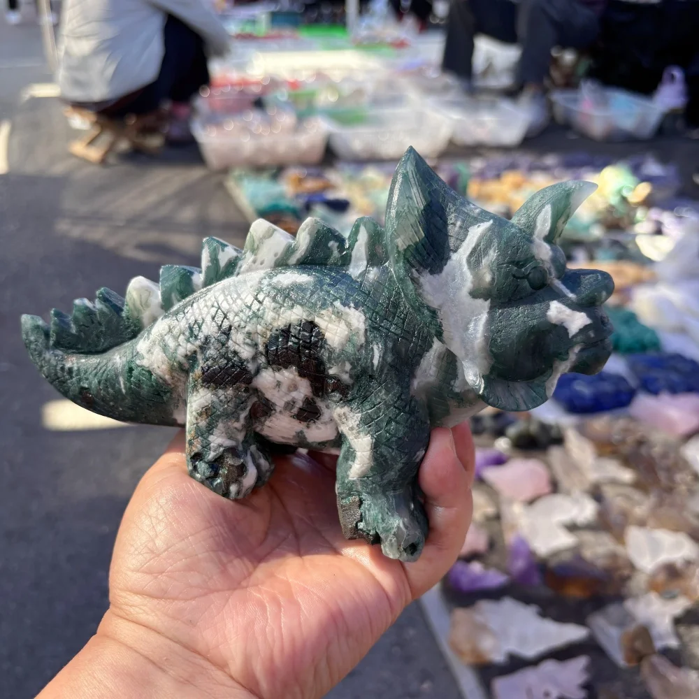 Natural Moss Agate Hand Carved Triceratops Dinosaur Statue, Gemstone Animal Sculpture, Crystal Collectible Home Decor Ornament