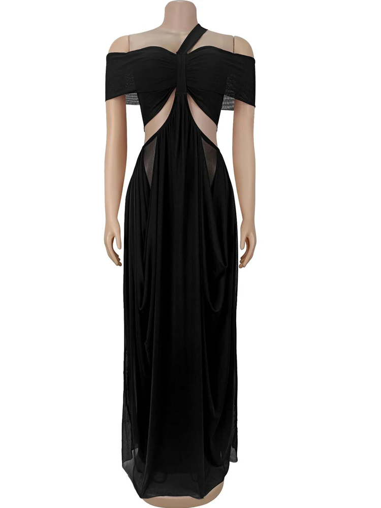 Kricessen Wunderschönes, schulterfreies, unregelmäßig drapiertes, langes Maxikleid mit Ausschnitten für Damen, glamouröses Mesh-Patchwork-Partykleid, Nachtclubwear