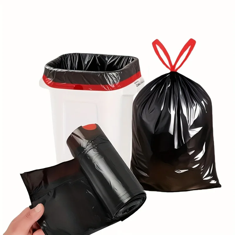 1/5/10 rollos de bolsas de basura duraderas con cordón negro, PE plegable para cocina/baño/dormitorio/sala de estar, capacidad de 2,64 gal