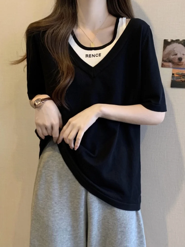 Slimming V-Neck Short Sleeve T-Shirt Women's Summer Fashionable Korean Style Cover Belly Large Size Casual Comfortable Top