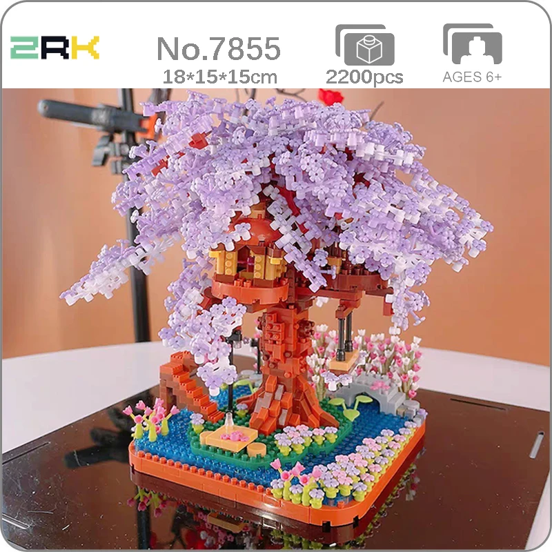 ZRK 7855 World Architecture Cherry Flower Tree House Swing Garden Bridge River 3D Mini Diamond Blocks Bricks Building Toy No Box