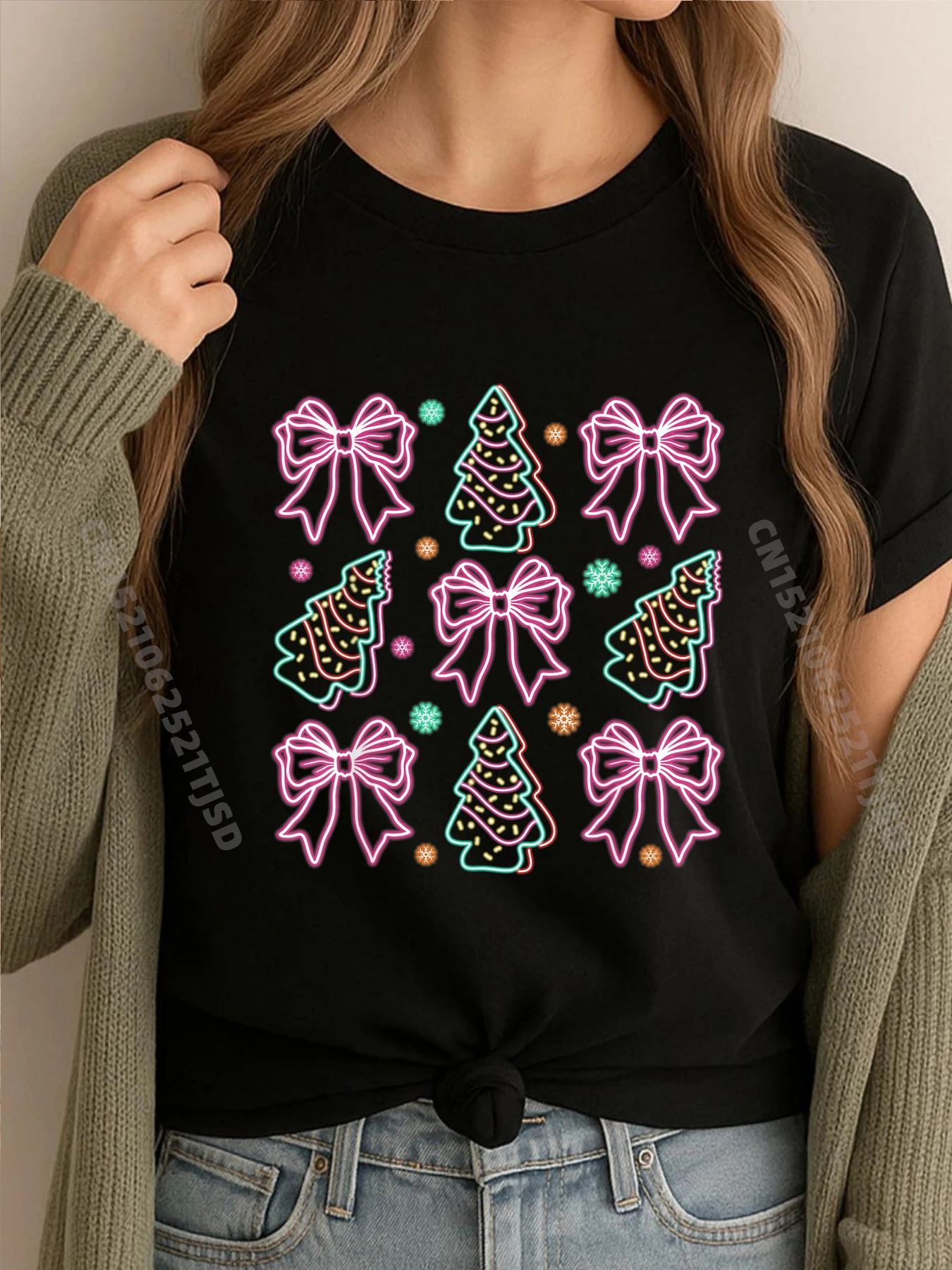 

Неоновая кокетка с бантом Санта-Рождественская елка, торт, девчачьи рождественские футболки с рисунком, женские и мужские футболки с принтом