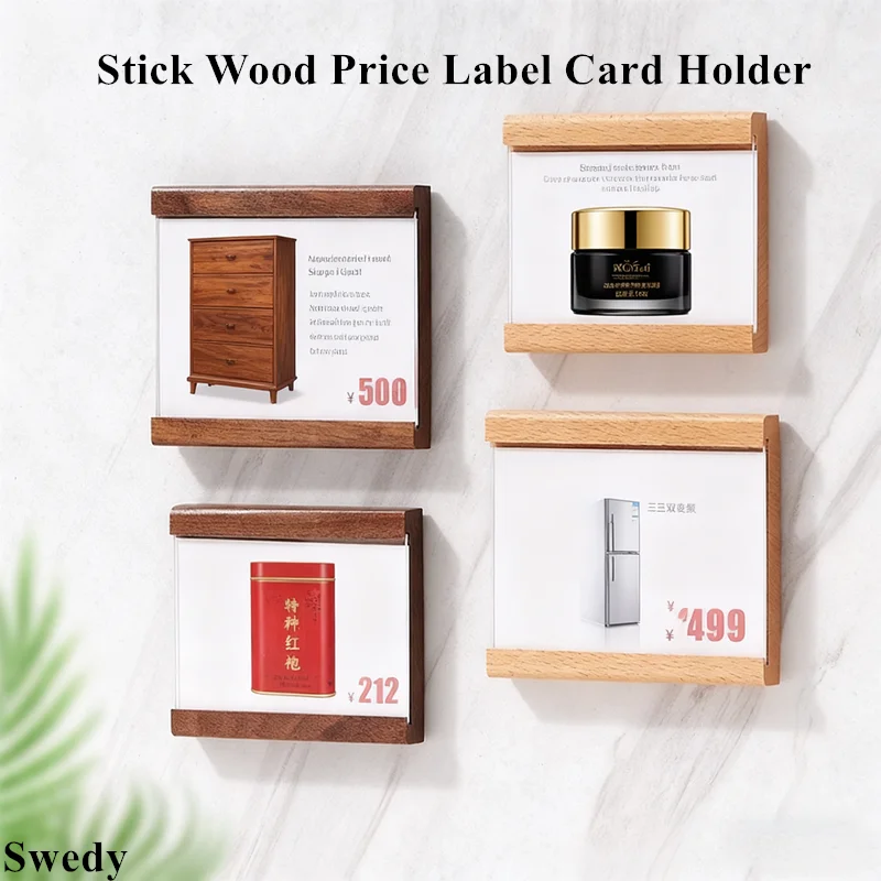80x65mm Wood Shelf Price Label Card Holder Tags Photo Picture Paper Frame Stick Wall Mount Wood Sign Holder Ticket Holder Board