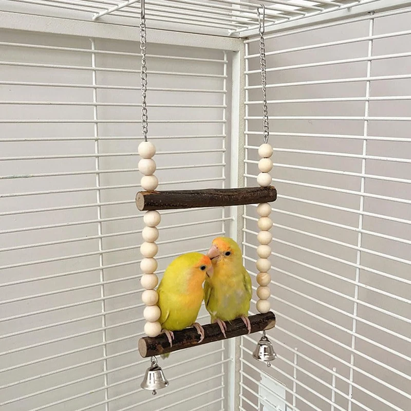 Bird Swing For Two Birds, Wooden Bird Swing With Bell Toy, Hanging Swing, Seat Swing For Small Birds And Parrots (15Cm)