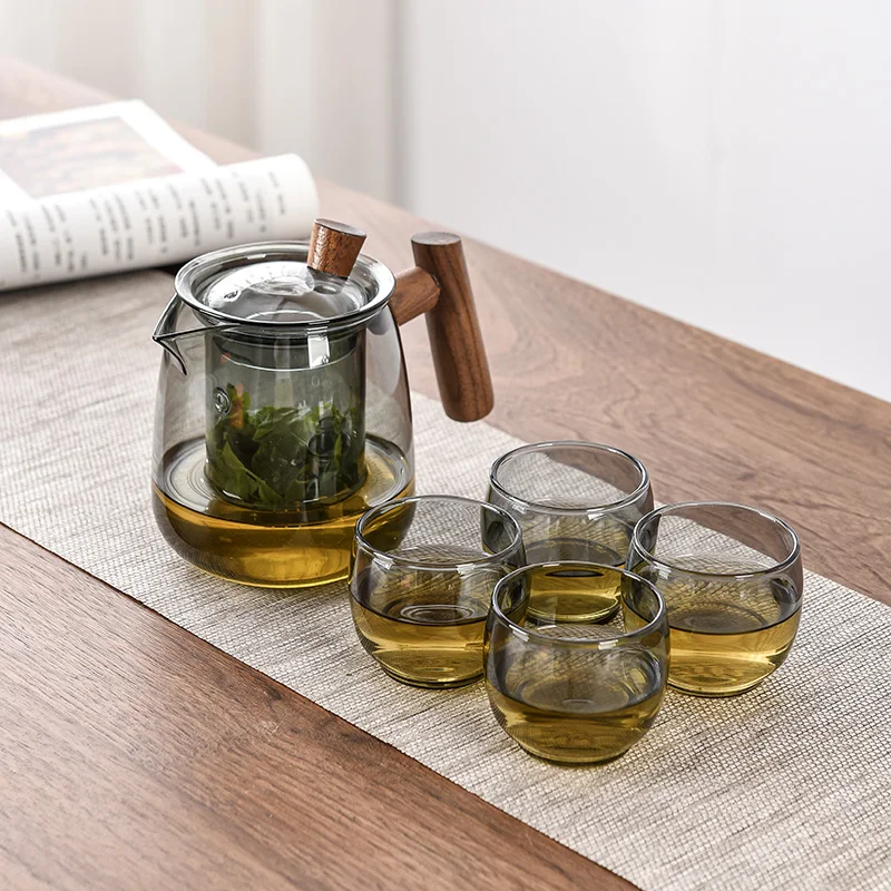 Filter High Boron Silicon  Glass Teapot Wood Handle Chinese Tea Ceremony Transparent Teawear Set Cup Janpanese Pot 480ML