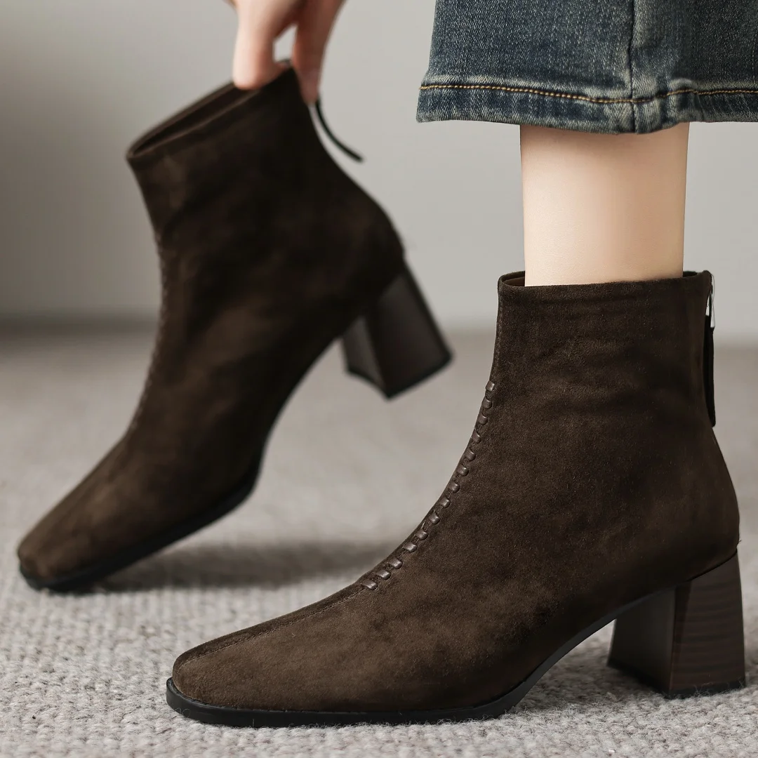 

Women's natural suede leather square toe back zip autumn ankle boots 6cm thick high heel elegant ladies slim dress short booties