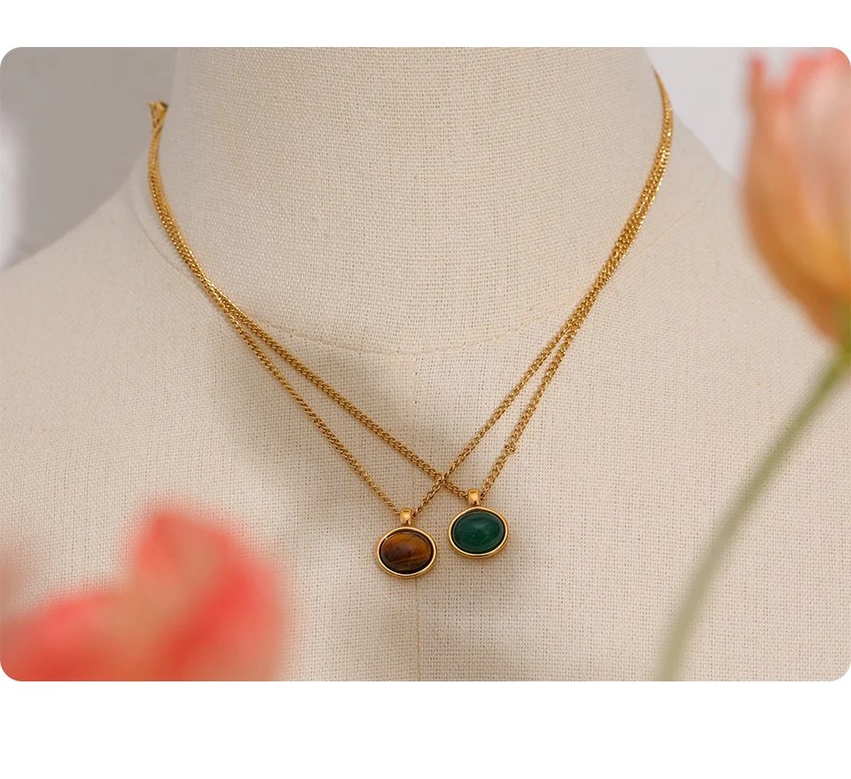 Yhpup Green Agate Tiger Stone Pendant Necklace for Women 316L Stainless Steel Gold Color Chain Collar Fashion Charm Jewelry