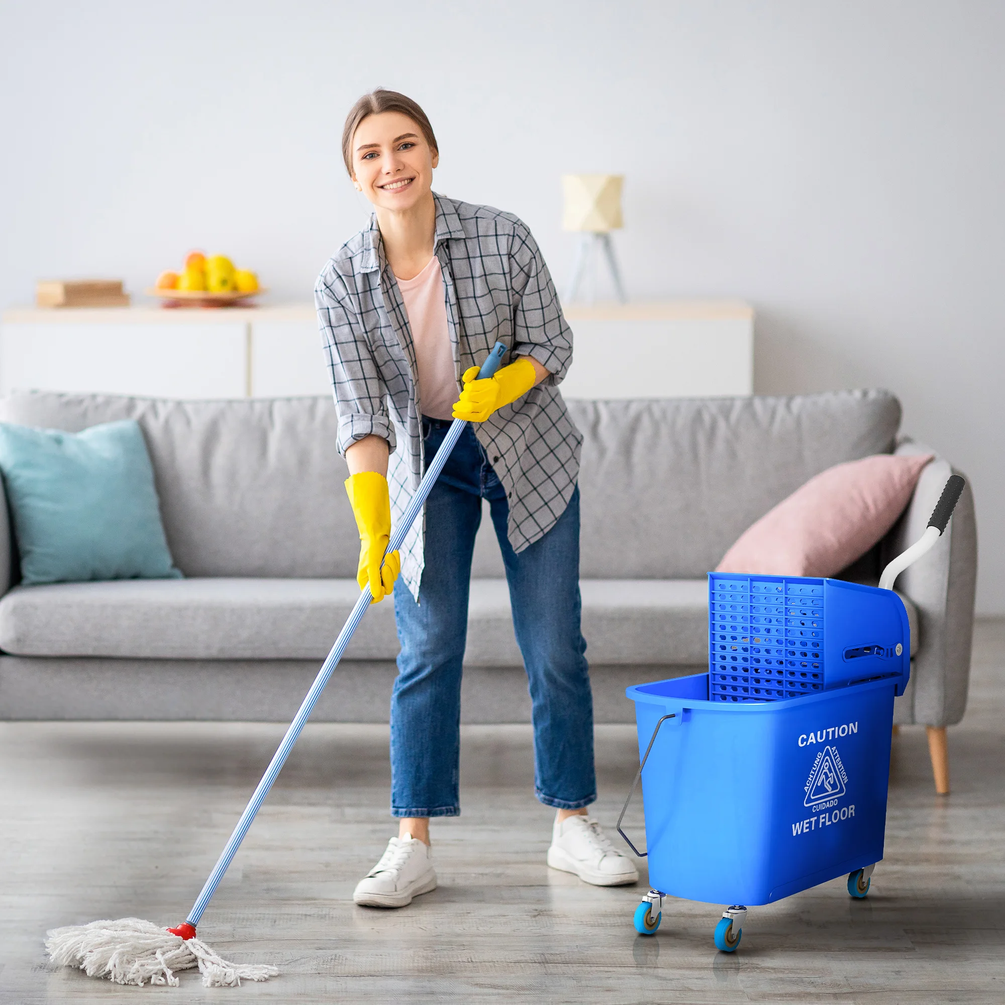 HOMCOM Commercial Mop Bucket with Side Press Wringer on Wheels for Floor Cleaning, 21 Quart, Separate Dirty and Clean Water, for Home Apartment Small Business and Office, Blue