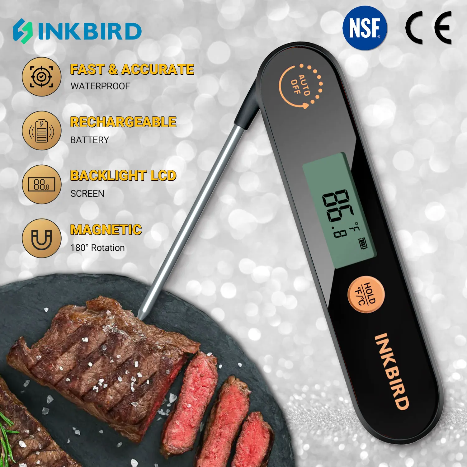 INKBIRD IHT-1X Handheld Meat Thermometer Waterproof Rechargeable Digital Instant Read Food Thermometer with Probes for BBQ,Milk