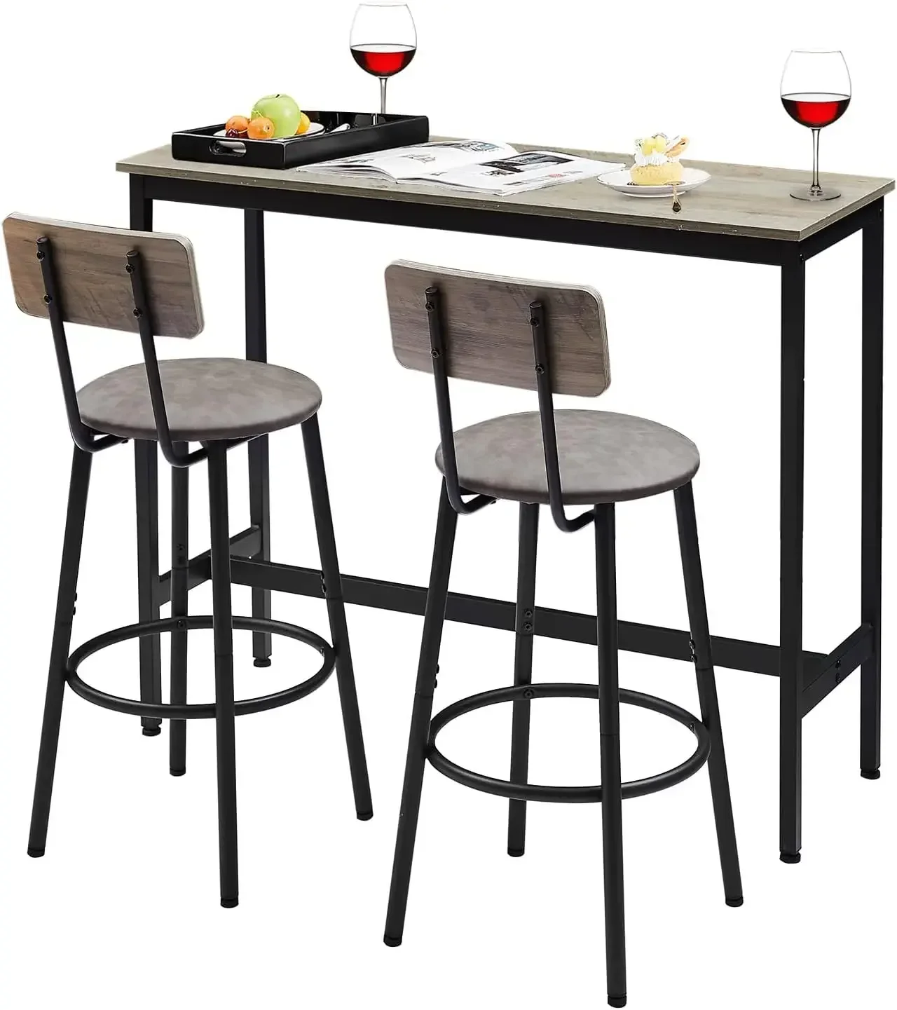 Chairs Set, Industrial Style Bar Stools PU Upholstery Seat with Backrest, 3 Pieces Pub Dining Table Set for Kitchen, Apartment