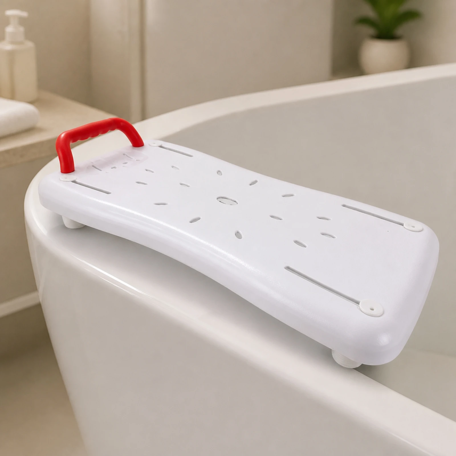 Bath Seat Drainage Holes Bathtub Bathing Board Bathtub Seat with Grab Handle Low-Profile Design for Seniors, Bathroom Safety