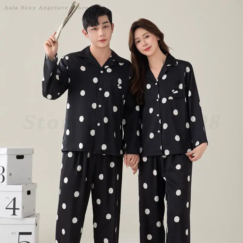 Spring Summer Couple Pajamas Set Women's Long Sleeved Home Clothes Men's Satin Black Sleepwear Loose Casual Nightwear Loungewear