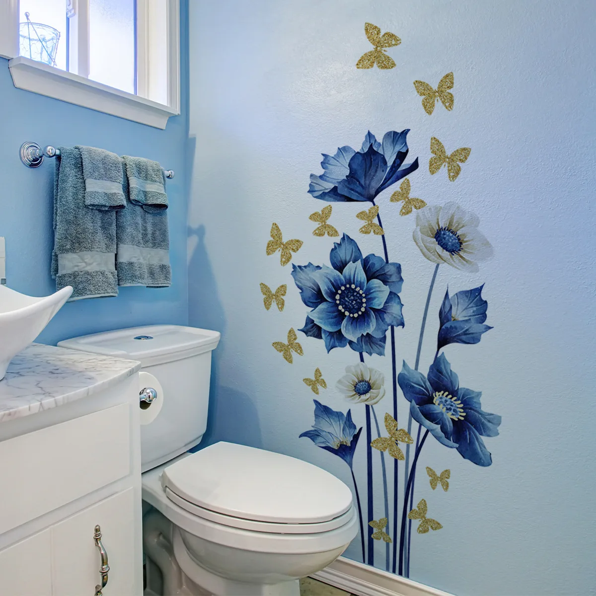 1PC Blue butterfly flower Wall Sticker For Bathroom Toilet Decor Living Room Home Decoration Mural Beautify Self-adhesive Decals