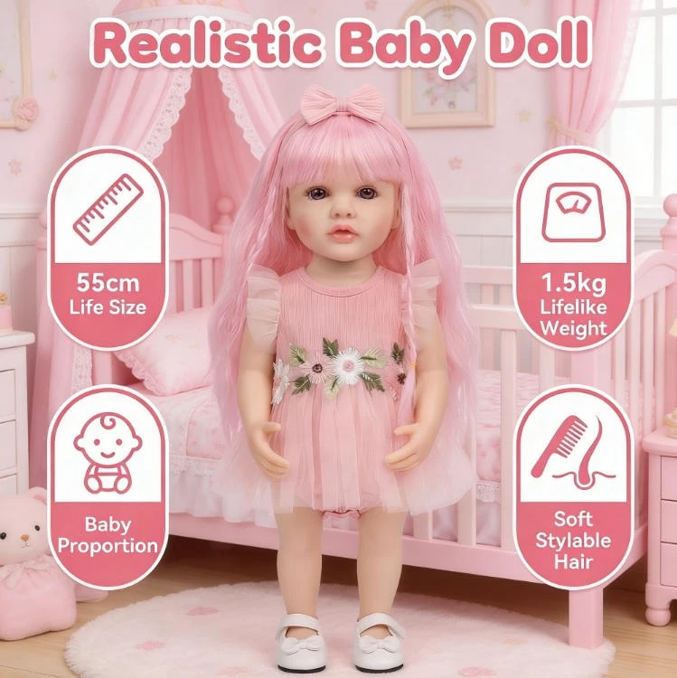 

NPK 55CM Full Body Vinyl Betty Reborn Toddler Standable Lifelike Doll with Pink Hair with 3D Painted Veins Realistic Baby Dolls