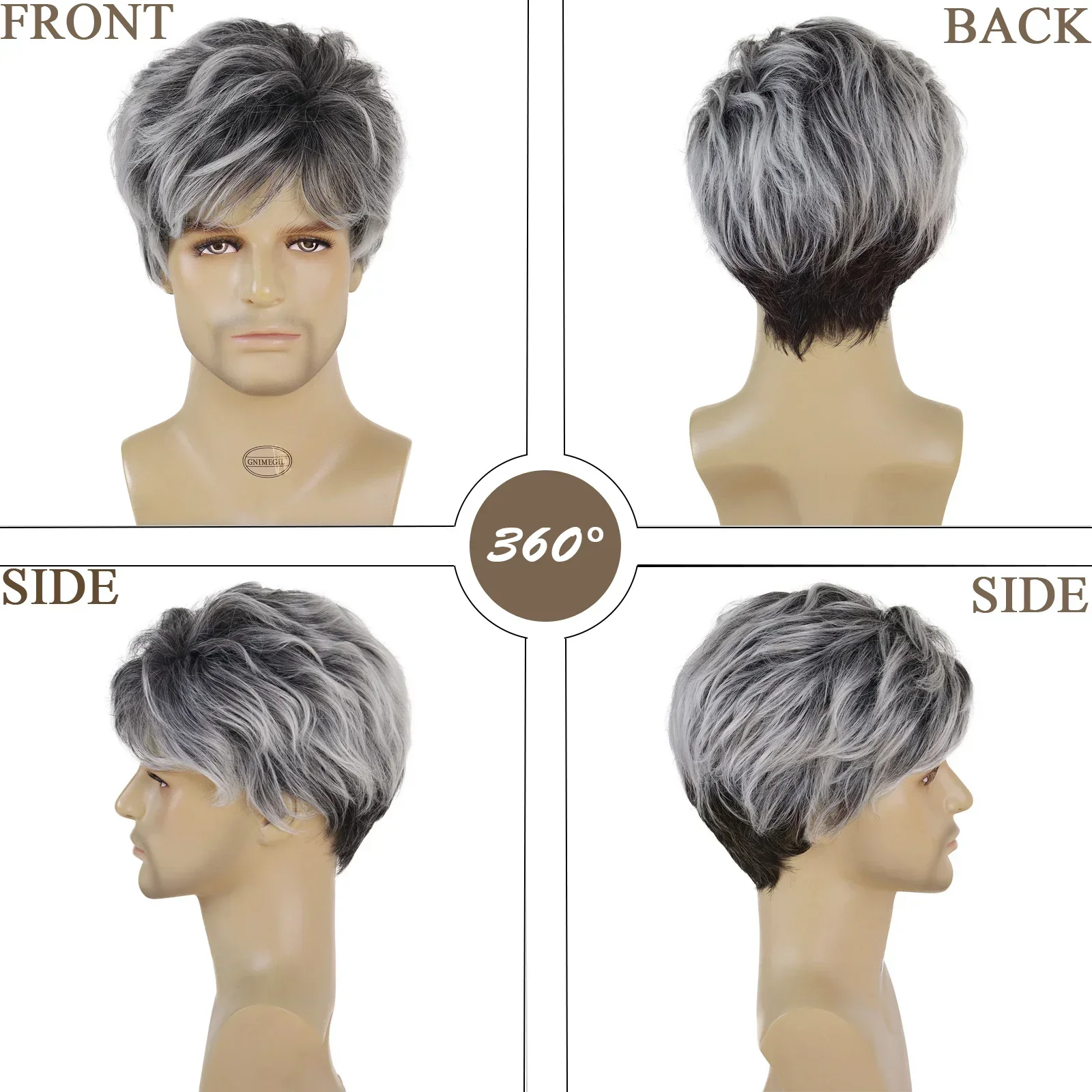 GNIMEGIL Synthetic Short Wig for Men Black Mix Grey Wig with Bangs Curly Hairstyle Natural Pixie Cut Wig Cosplay Heat Resistant