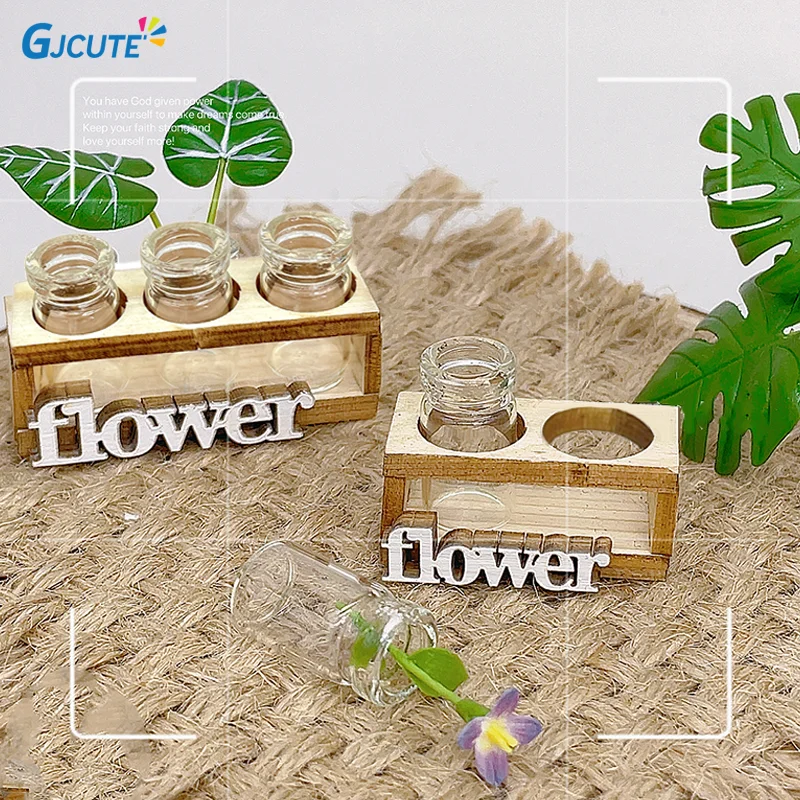 New 1set Dollhouse Mini Hydroponic Wooden Flower Arrangement Stand Set Mini Glass Flower Vase Model Home Garden Decor Toys