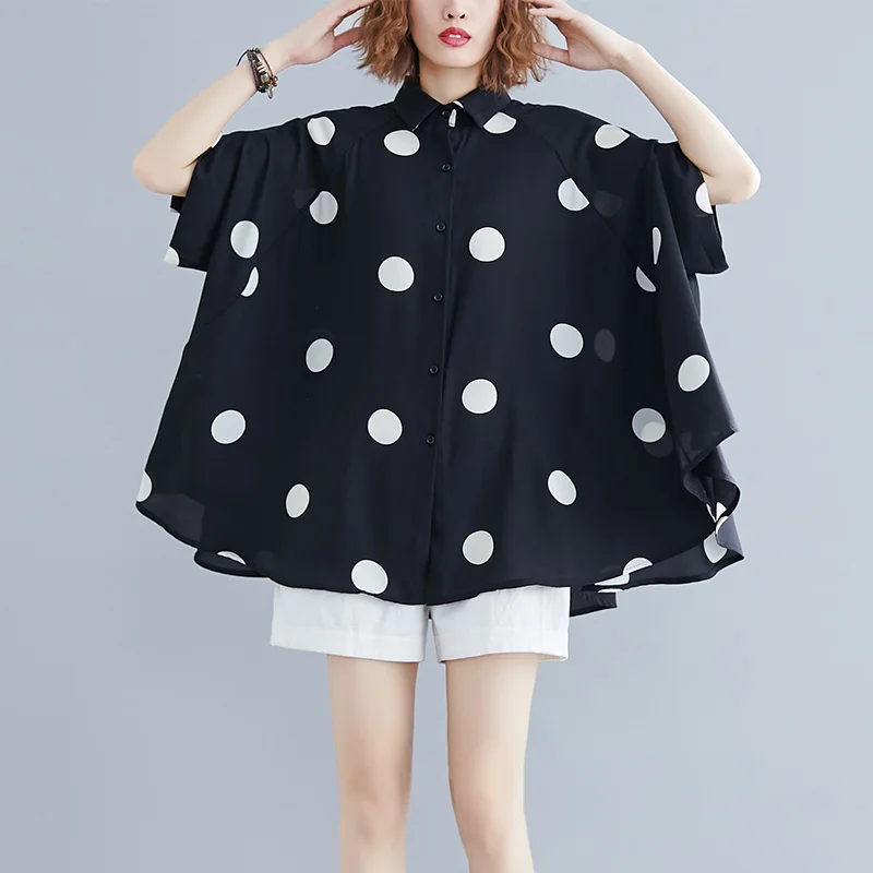 Fashionable and artistic oversized women\'s chiffon shirt polka dot short sleeved shirt bat shirt plus size women clothing