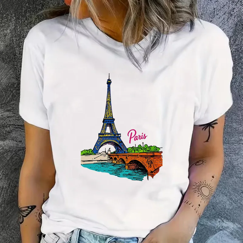 T-Shirt mit Paris-Print für Damen, 90er-Jahre-T-Shirt, kurzärmelig, Rundhalsausschnitt, lässige T-Shirts, Tops für Sommer- und Frühlingskleidung