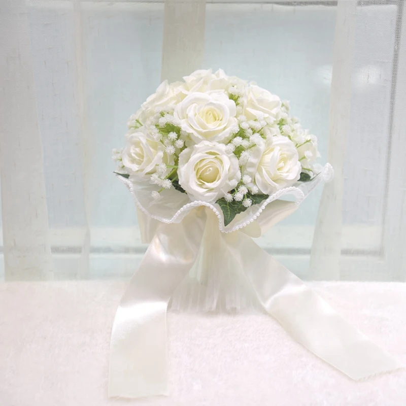 

Bride Wedding Flowers Bouquets Artificial Roses Flowers Wedding Church Home Decor With Soft Ribbons Wedding Bouquets