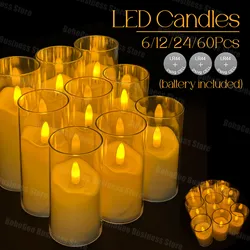 6-60Pcs Acrylic Glass LED Candle Flameless Candle Decorative Candle Battery Operated Candle Fake Candles Home Wedding Christmas
