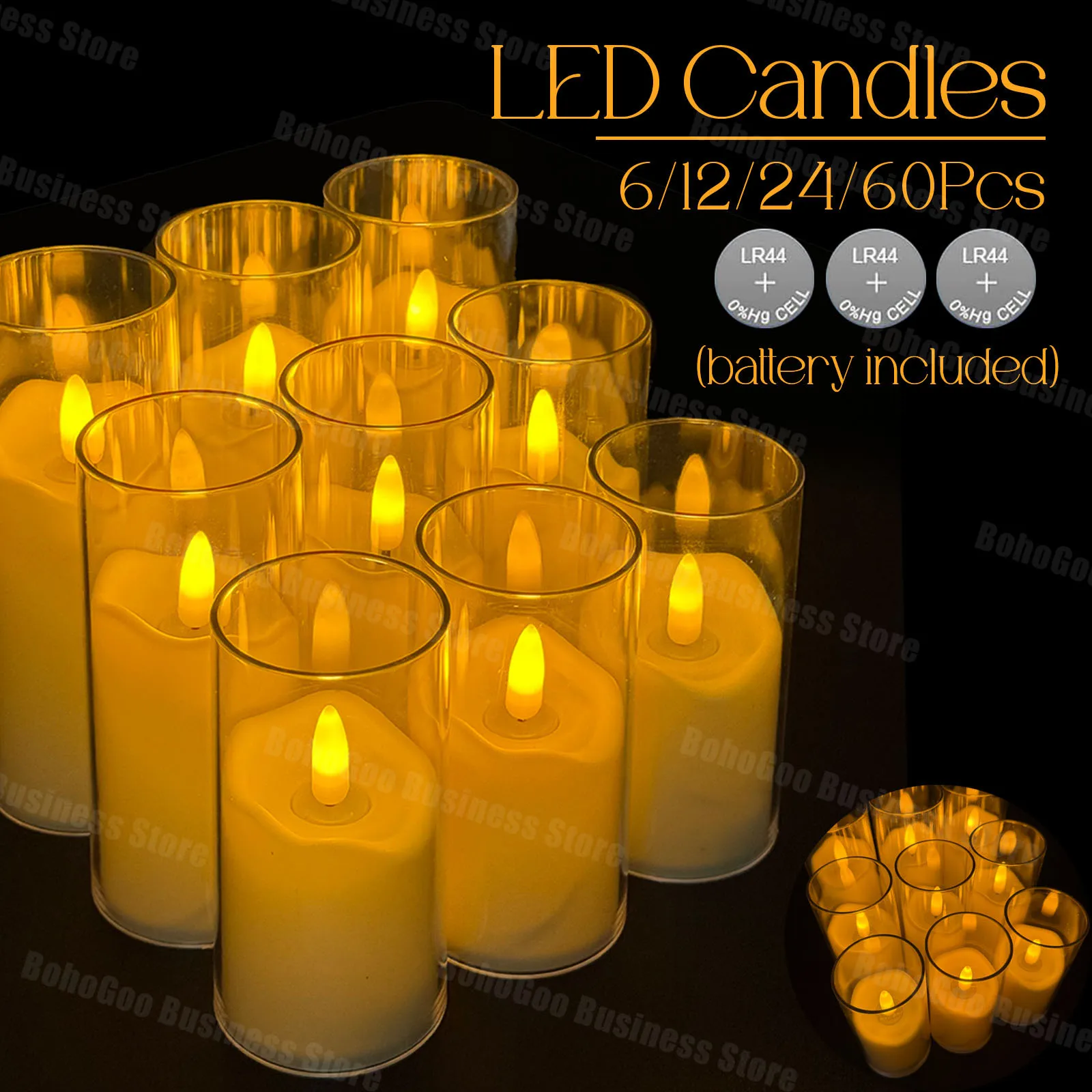 6-60Pcs Acrylic Glass LED Candle Flameless Candle Decorative Candle Battery Operated Candle Fake Candles Home Wedding Christmas