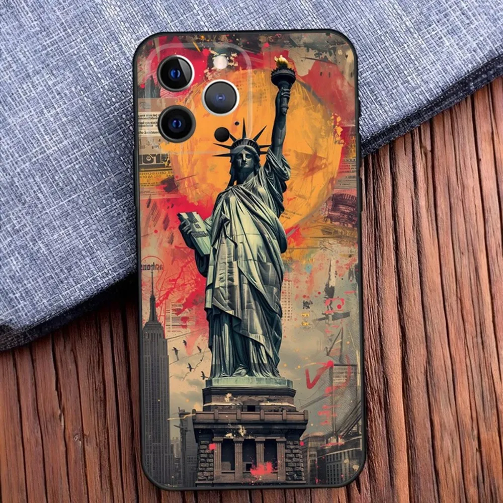 Statue of Liberty New York Phone Case For iPhone 16,15,14,13,12,11,Pro,X,XS,Max,XR,Plus,Mini Black Soft Silicone Case