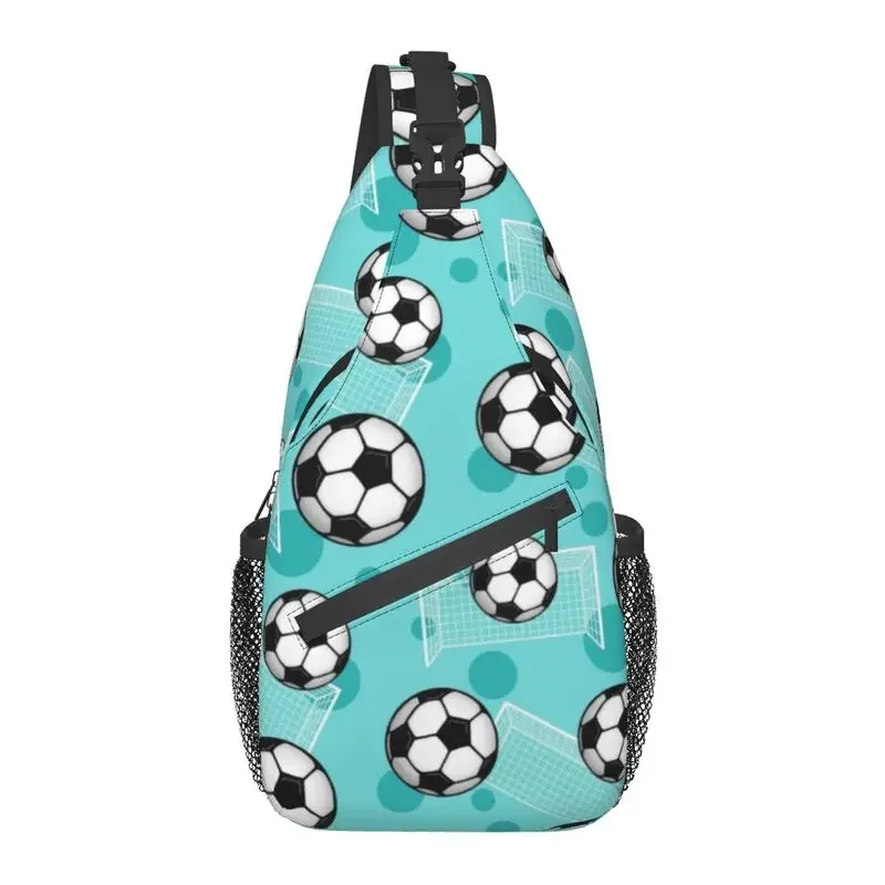 Soccer Ball And Goal Teal Pattern Crossbody Sling Backpack Men Custom Football Chest Shoulder Bag for Travel Hiking Daypack