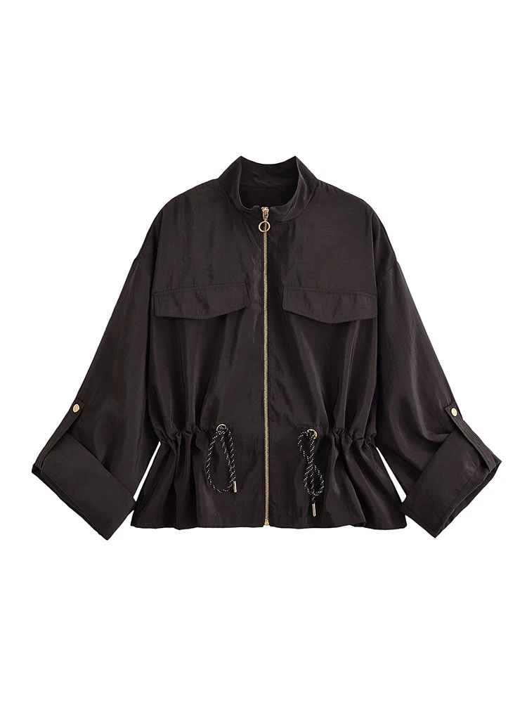 

Women's Zipper Jacket Short Coats 2025 Fashion Women Long Sleeve Drawstring Waist-Cinching Jackets Lady Autumn New Outerwears