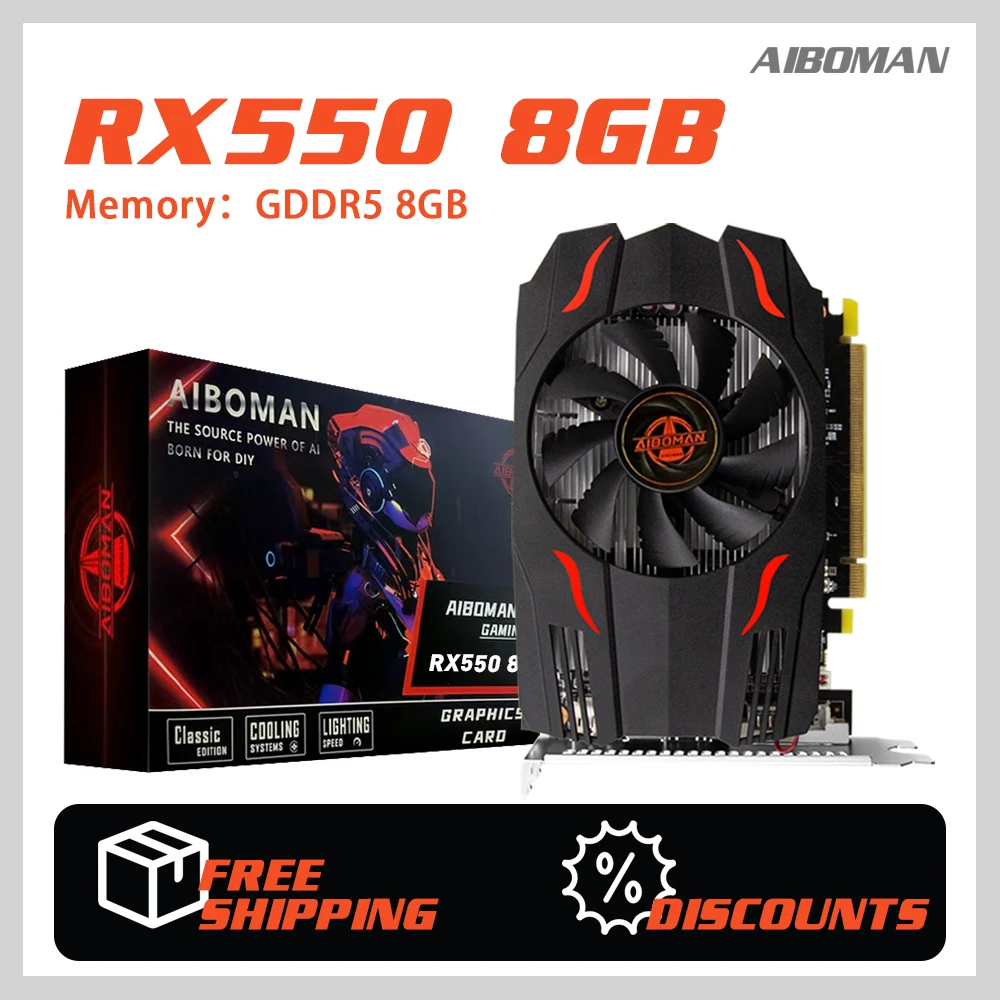 AIBOMAN AMD Radeon RX550 8GB Gaming Graphics Card GDDR5 128Bit PCl Express 2.0 X16 Suitable for Desktop Computer Assembly