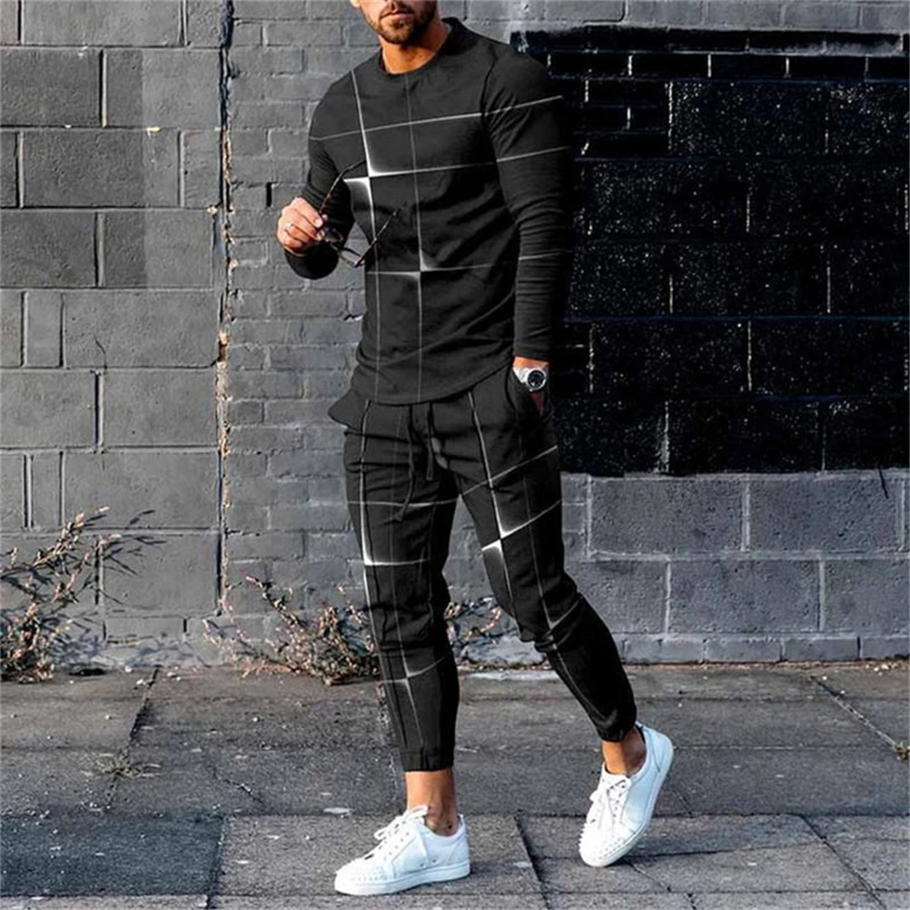 Long Sleeved Suit Men\'s Plaid 3D Printed Fashion Retro Jogging Sweatshirt Set Spring Fall Crew Neck Sweatshirt And Pants M-3XL