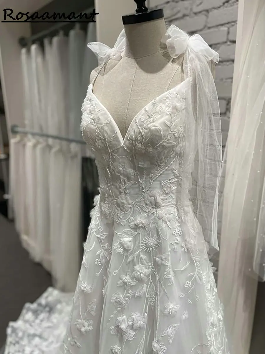 Роскошные свадебные платья трапециевидной формы без рукавов с 3D цветочным кружевом на бретельках и бантом, деревенские свадебные платья