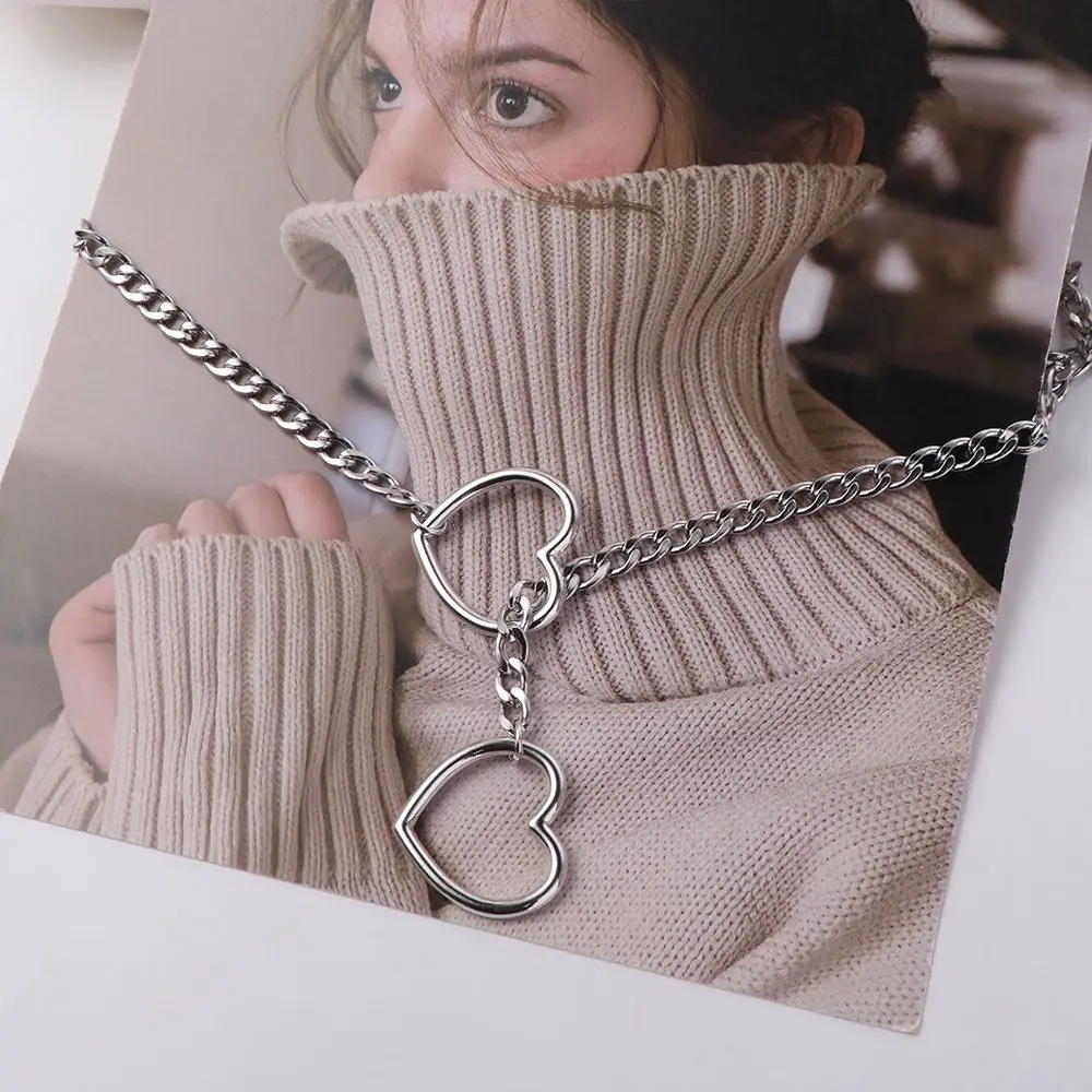 Adjustable Cuban Link Necklace Long Punk Heart-shaped Necklace Stainless Steel Rock Style O-ring Clavicle Chain Party Jewelry