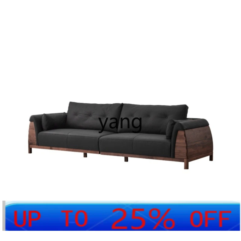 LMMblack walnut solid wood sofa light luxury leather down sofa first layer cowhide winter and summer dual use