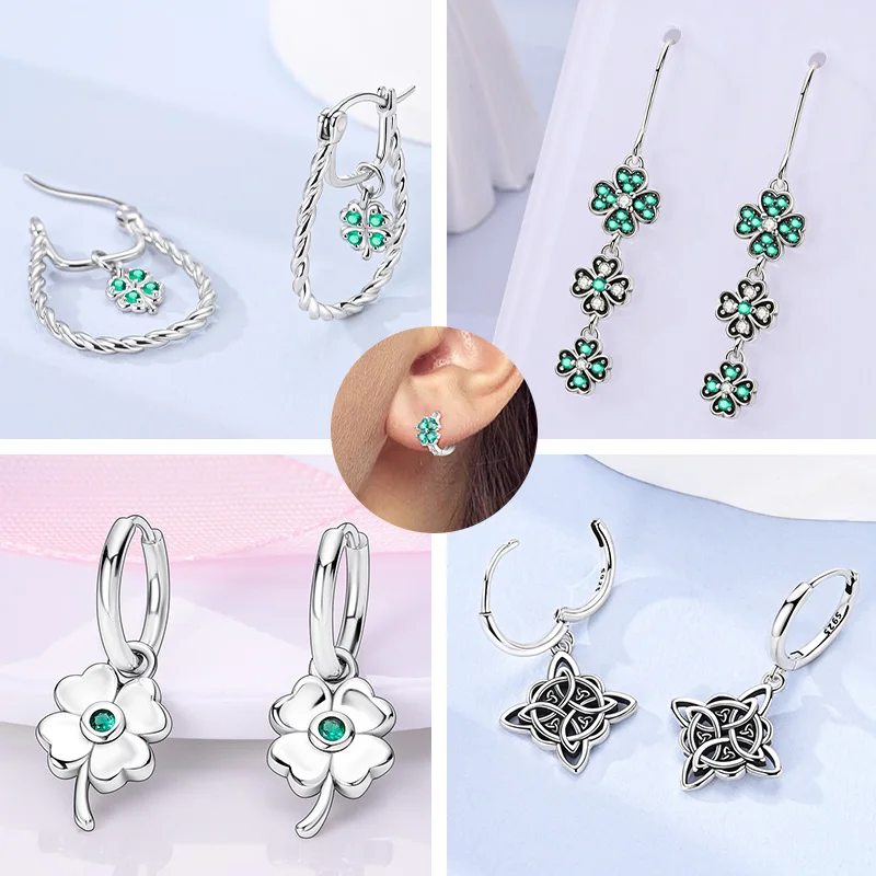 

925 Sterling Silver Hoops Earrings Stud for Women Classic Lucky Four-leaf Clover Zircon Earrings Wedding Party Fine Jewelry Gift