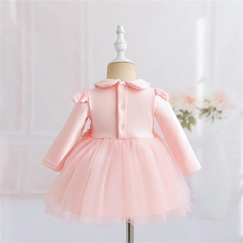 2024 Baby girl party cotton tulle Dress Baby autumn winter 1 year Birthday pure cotton long sleeve velvet fleece-lined Dress