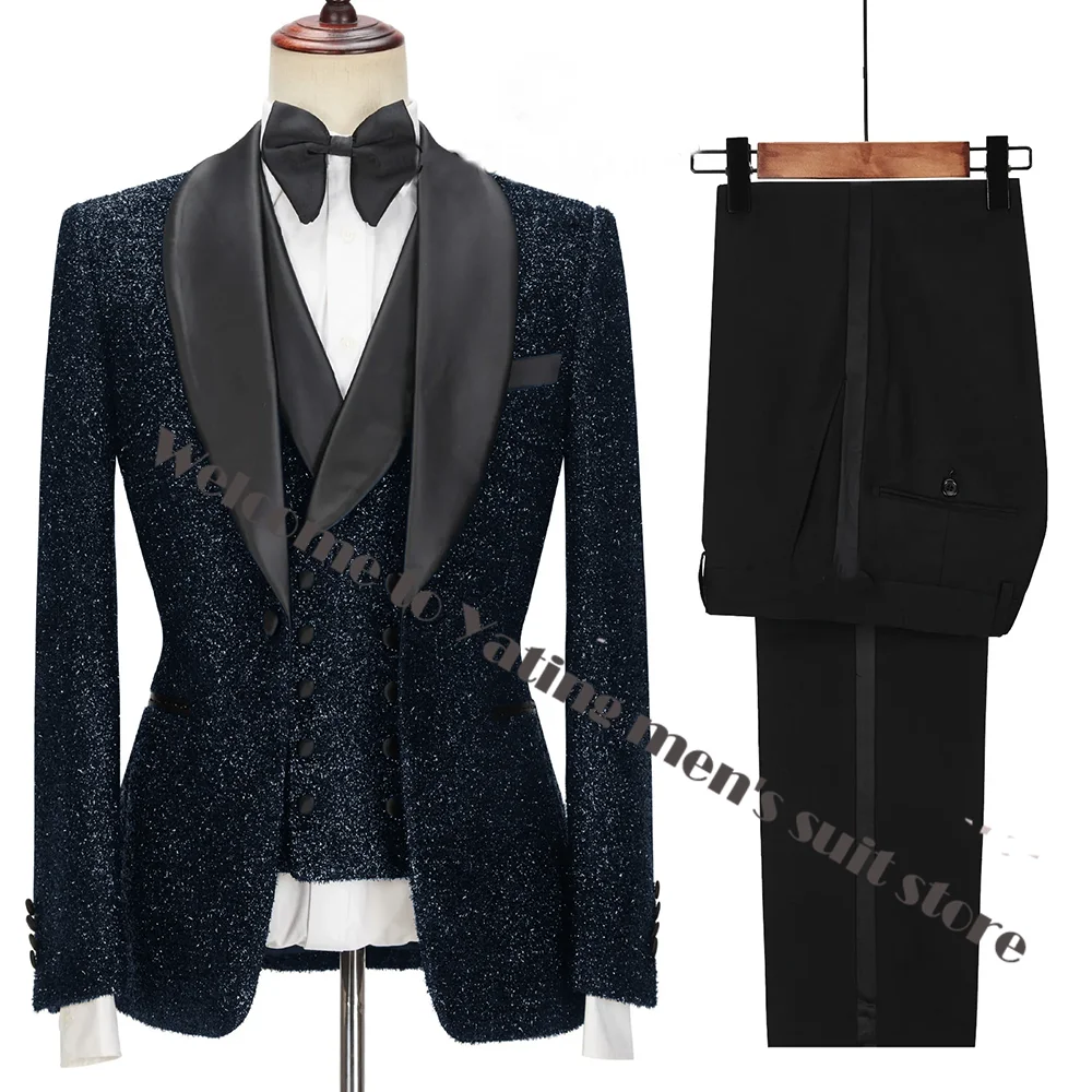 Latest Coat Pant Designs Fashion Shiny Black Men Suits For Wedding Groom Tuxedos Slim Fit Terno Masculino Prom Party 3 Pieces