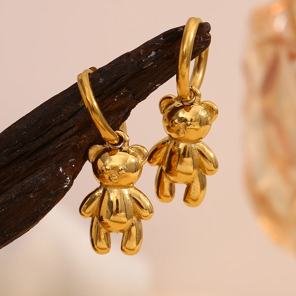 MamacitaSlay Lovely Little Bear Charm 14mm Hoops Hoop earrings 18K Gold Plated Waterproof luxury stainless steel jewelry
